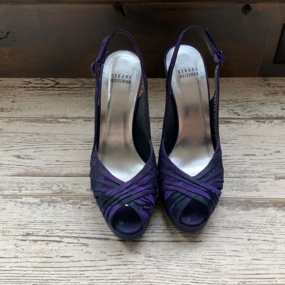 Stuart Weitzman Brocade Satin Open Toe Heels - image 2